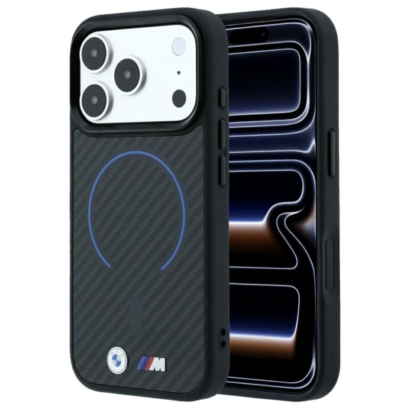 Etui BMW M Kevlar Blue Print Ring Metal Logo MagSafe do Apple iPhone 17 Pro Max/18 Pro Max Czarny