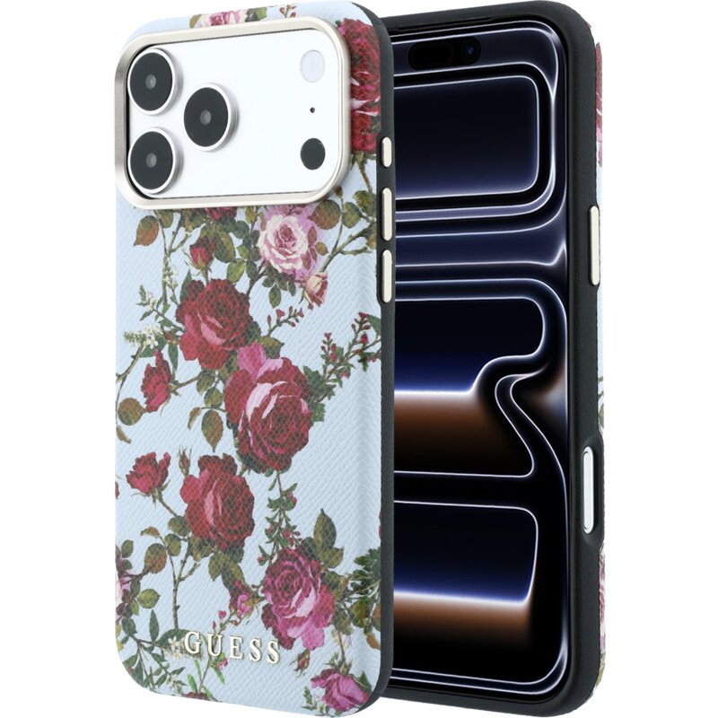 Etui GUESS Blossom Roses Print MagSafe do Apple iPhone 17 Pro/18 Pro Niebieski