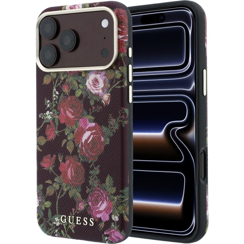 Etui GUESS Blossom Roses Print MagSafe do Apple iPhone 17 Pro/18 Pro Burgundowy