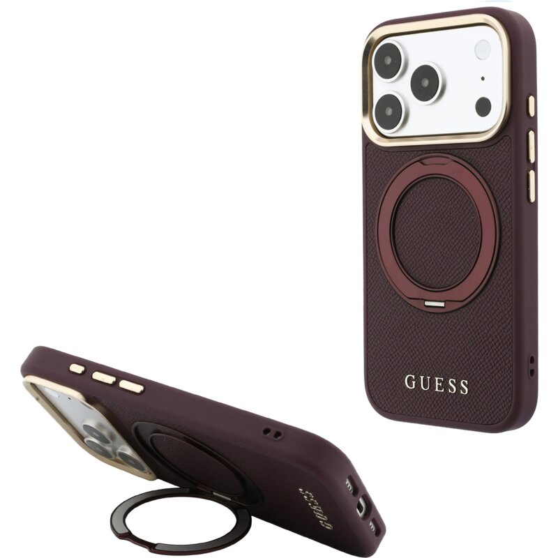 Etui GUESS Ring Stand 360 Grained Classic Logo MagSafe do Apple iPhone 17 Pro Max/18 Pro Max Burgundowy