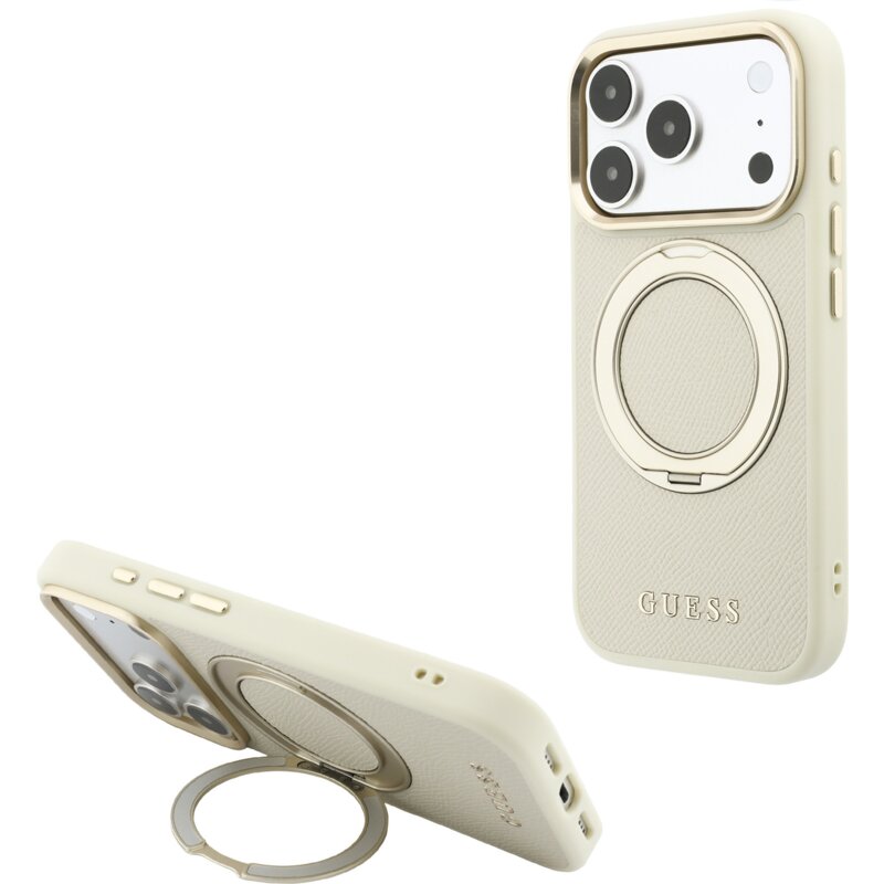 Etui GUESS Ring Stand 360 Grained Classic Logo MagSafe do Apple iPhone 17 Pro/18 Pro Beżowy