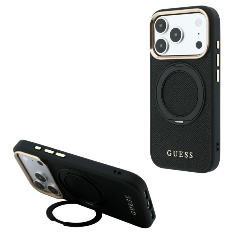 Etui GUESS Ring Stand 360 Grained Classic Logo MagSafe do Apple iPhone 17 Pro Max/18 Pro Max Czarny