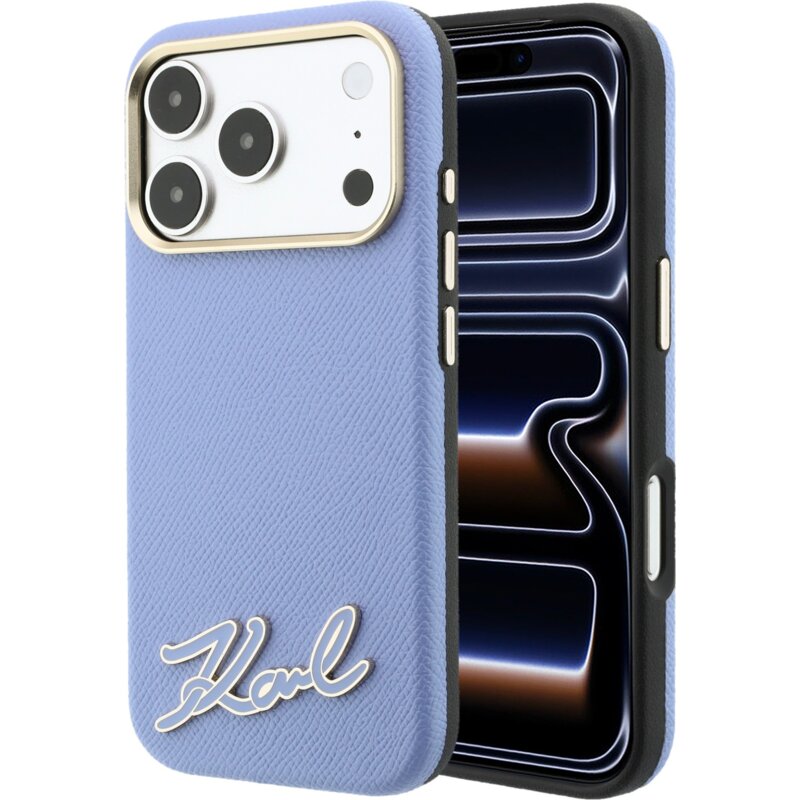 Etui KARL LAGERFELD Grained with Resin Signature Logo MagSafe do Apple iPhone 17 Pro Max/18 Pro Max Jasnoniebieski