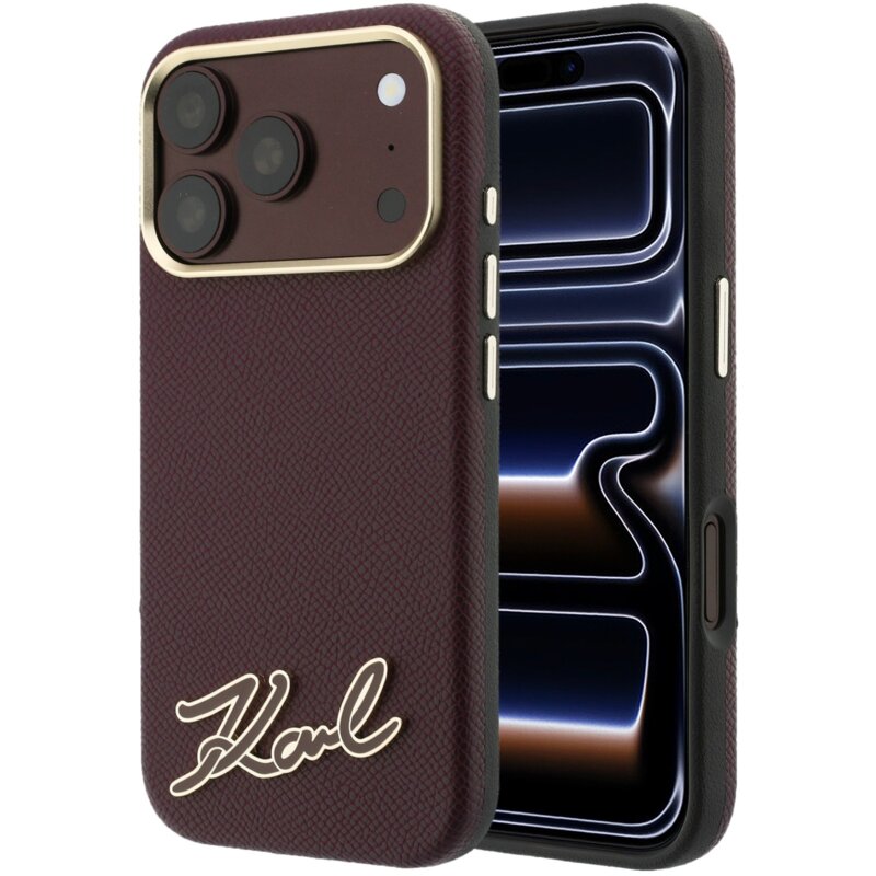Etui KARL LAGERFELD Grained with Resin Signature Logo MagSafe do Apple iPhone 17 Pro/18 Pro Burgundowy