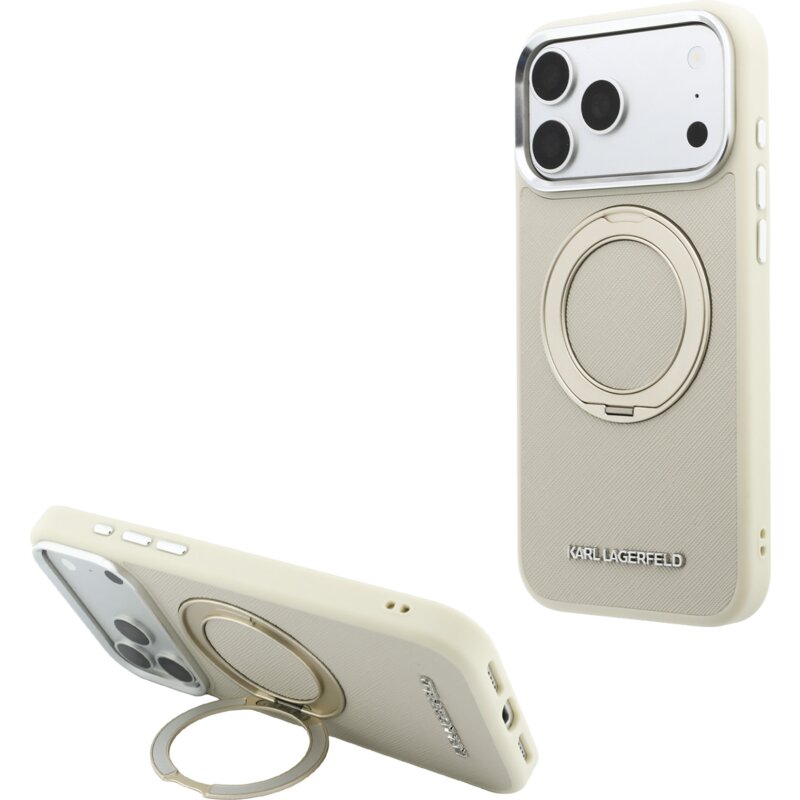 Etui KARL LAGERFELD Ring Stand 360 Saffiano Classic Logo MagSafe do Apple iPhone 17 Pro Max/18 Pro Max Beżowy