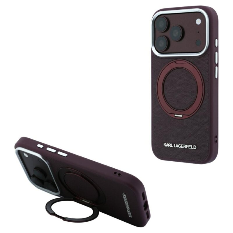Etui KARL LAGERFELD Ring Stand 360 Saffiano Classic Logo MagSafe do Apple iPhone 17 Pro/18 Pro Burgundowy