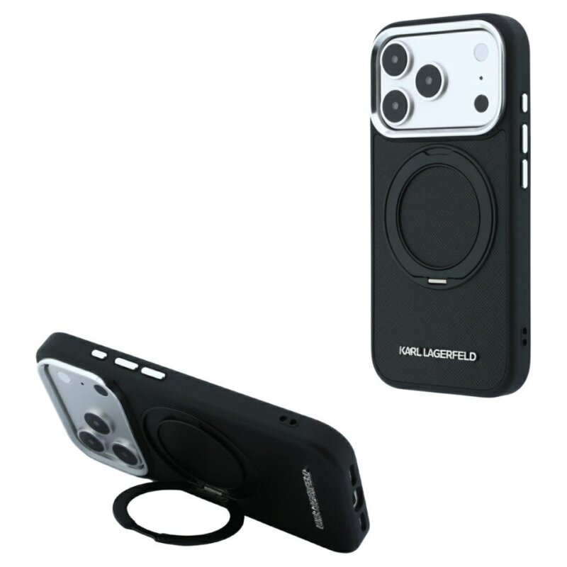 Etui KARL LAGERFELD Ring Stand 360 Saffiano Classic Logo MagSafe do Apple iPhone 17 Pro Max/18 Pro Max Czarny
