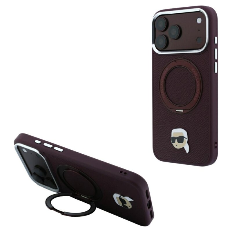 Etui KARL LAGERFELD 360 Karl Head Pin MagSafe do Apple iPhone 17 Pro/18 Pro Burgundowy