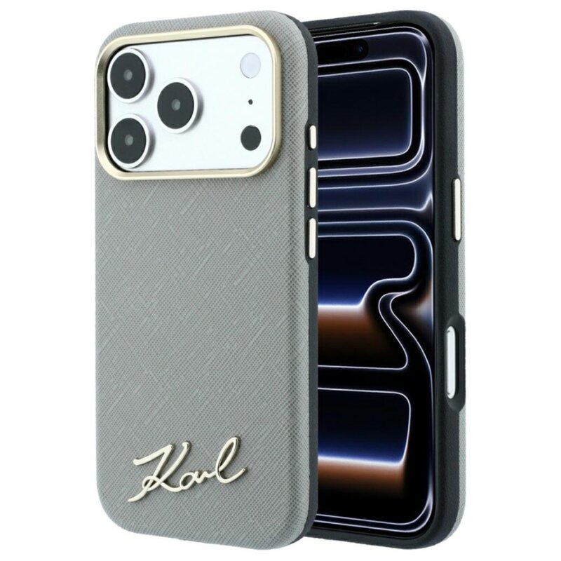 Etui KARL LAGERFELD Saffiano Small Script Metal Logo MagSafe do Apple iPhone 17 Pro/18 Pro Beżowy