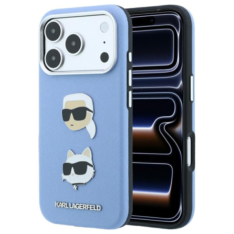 Etui KARL LAGERFELD Saffiano with Karl & Choupette Heads Pins & Logo do Apple iPhone 17 Pro/18 Pro Jasnoniebieski