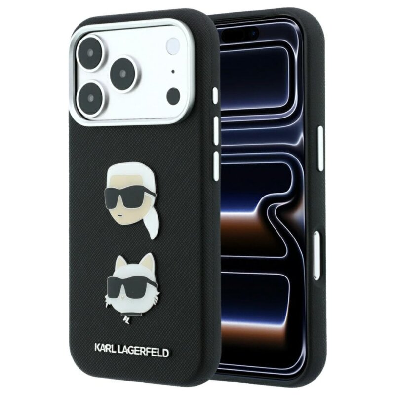 Etui KARL LAGERFELD Saffiano with Karl & Choupette Heads Pins & Logo do Apple iPhone 17 Pro/18 Pro Czarny