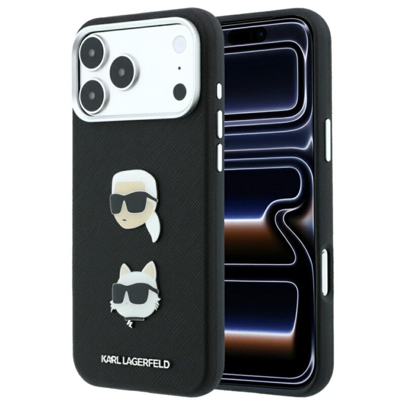 Etui KARL LAGERFELD Saffiano with Karl & Choupette Heads Pins & Logo do Apple iPhone 17 Pro Max/18 Pro Max Czarny