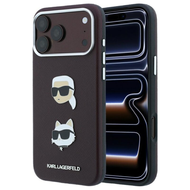 Etui KARL LAGERFELD Saffiano with Karl & Choupette Heads Pins & Logo do Apple iPhone 17 Pro/18 Pro Burgundowy