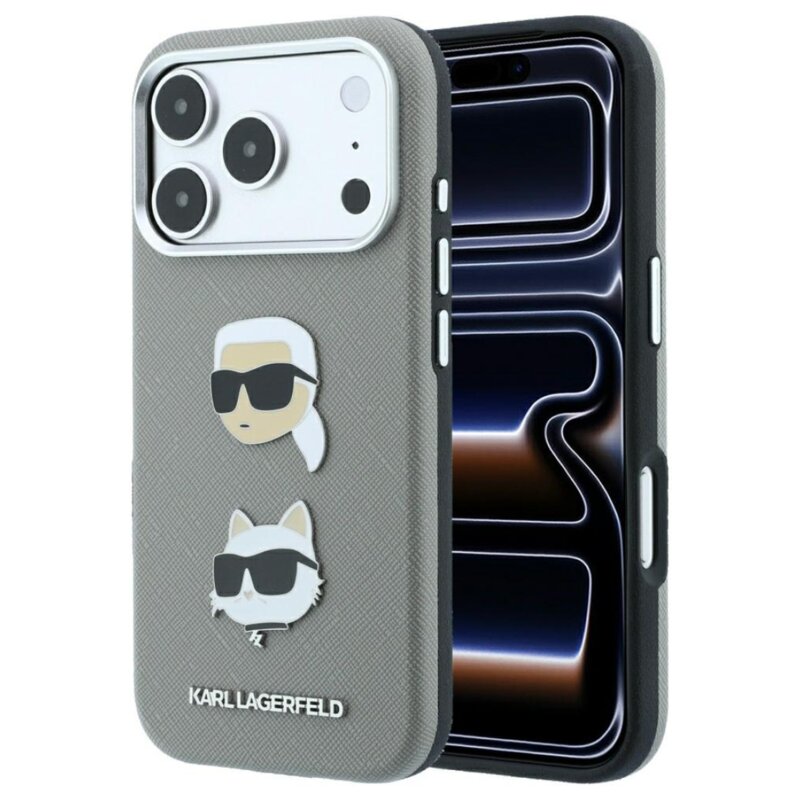 Etui KARL LAGERFELD Saffiano with Karl & Choupette Heads Pins & Logo do Apple iPhone 17 Pro/18 Pro Szary