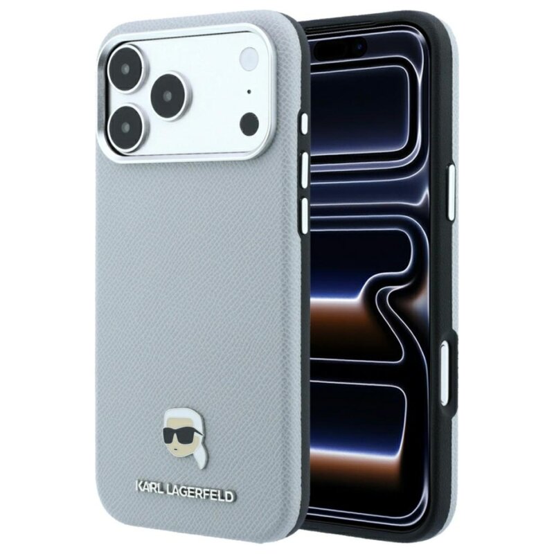 Etui KARL LAGERFELD Grained Karl Head Metal MagSafe do Apple iPhone 17 Pro Max/18 Pro Max Szary