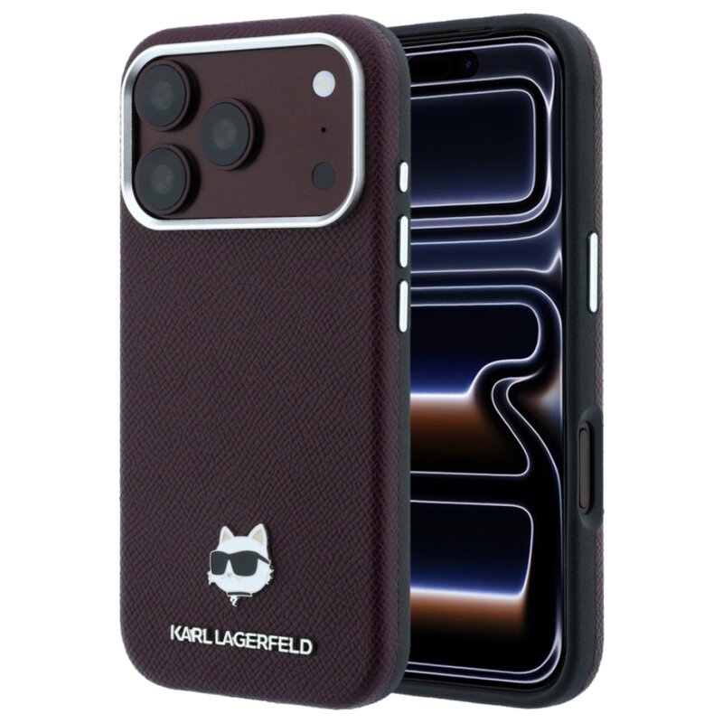 Etui KARL LAGERFELD Grained Choupette Head Metal MagSafe do Apple iPhone 17 Pro Max/18 Pro Max Burgundowy