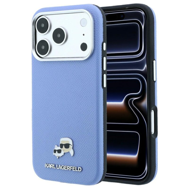 Etui KARL LAGERFELD Grained Heads Metal MagSafe do Apple iPhone 17 Pro/18 Pro Niebieski