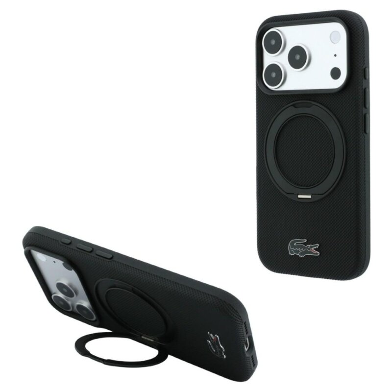 Etui LACOSTE Petit Pique with Ring Stand MagSafe do Apple iPhone 17 Pro Max/18 Pro Max Czarny