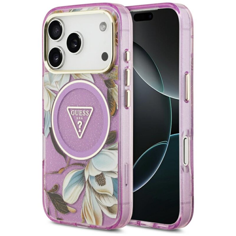 Etui GUESS IML Glitter Flowers Triangle MagSafe do Apple iPhone 17 Pro/18 Pro Fioletowy