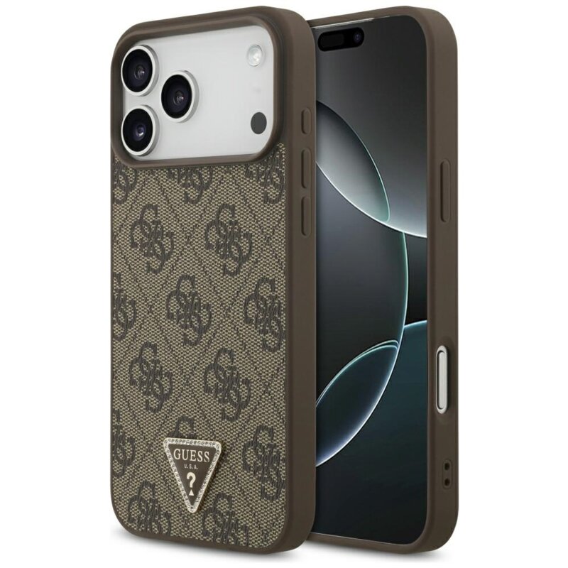 Etui GUESS Leather 4G Triangle Strass MagSafe do Apple iPhone 17 Pro Max/18 Pro Max Brązowy