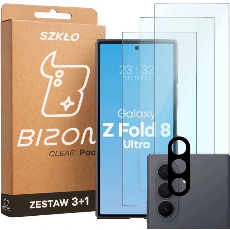 Szkło hartowane BIZON Glass Clear Pack do Samsung Galaxy Z Fold 8 Ultra (3 szt.) + Nakładka na obiektyw