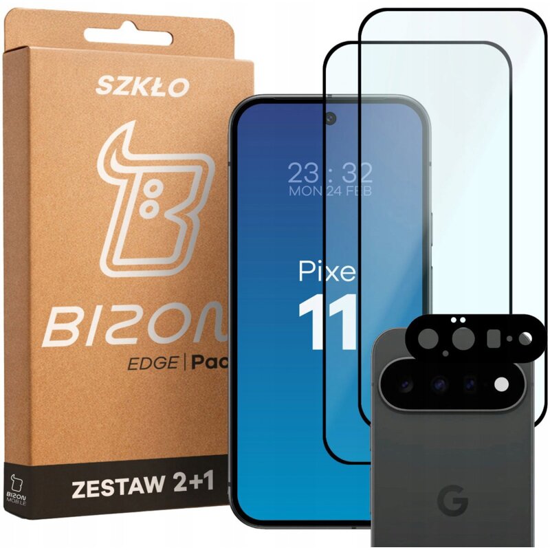 Szkło hartowane BIZON Glass Edge Pack do Google Pixel 11 (2 szt.) + Nakładka na aparat