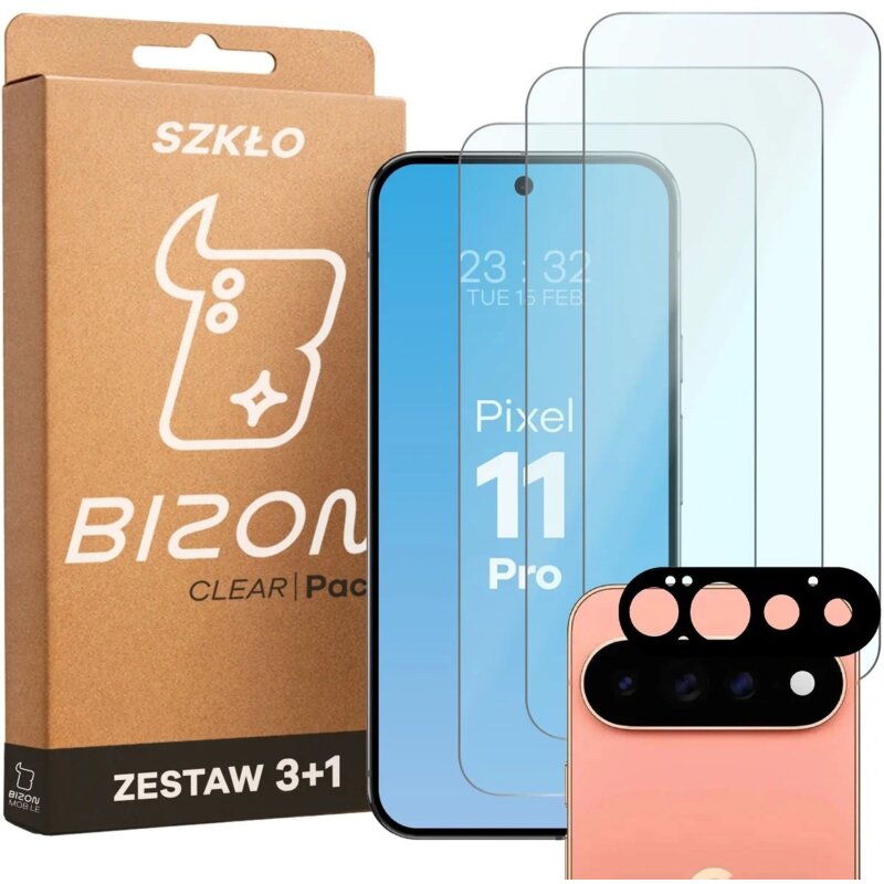 Szkło hartowane BIZON Glass Clear Pack do Google Pixel 11 Pro (3 szt.) + Nakładka na obiektyw