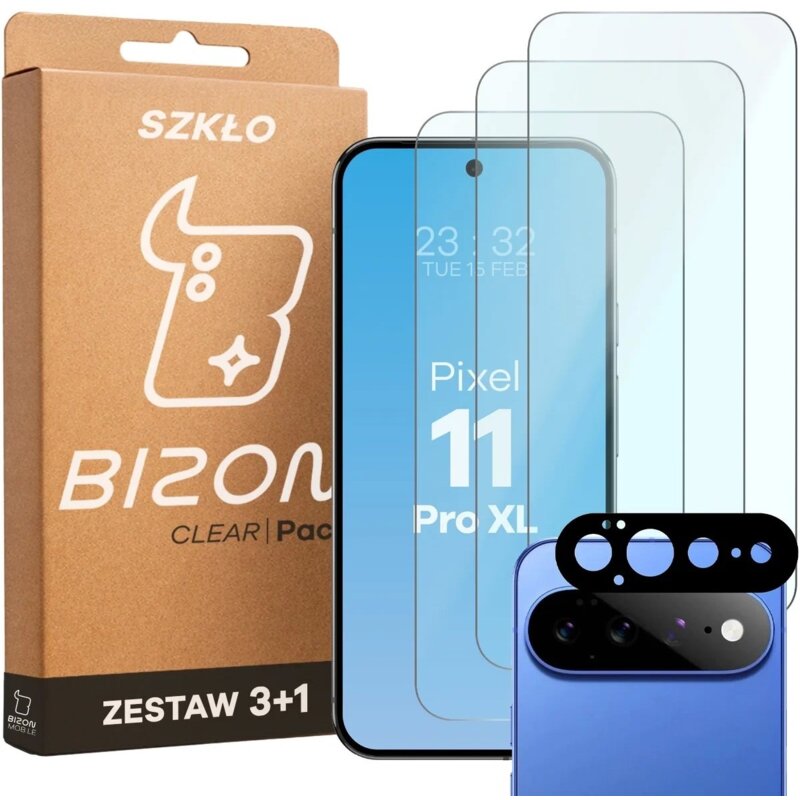 Szkło hartowane BIZON Glass Clear Pack do Google Pixel 11 Pro XL (3 szt.) + Nakładka na obiektyw