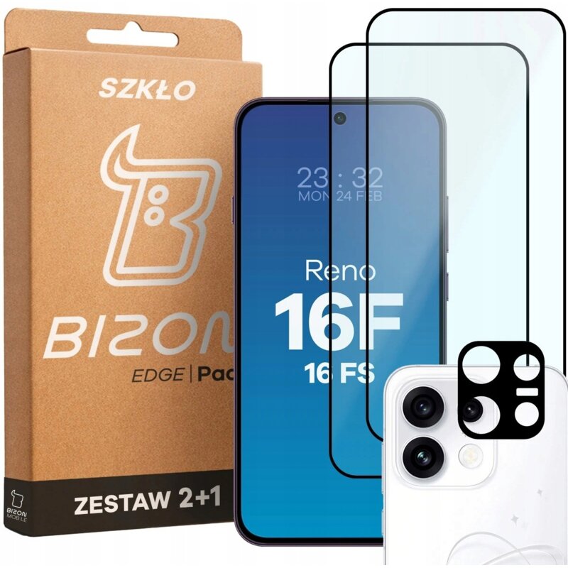 Szkło hartowane BIZON Glass Edge Pack do Oppo Reno 16F/16FS 5G (2 szt.) + Nakładka na aparat