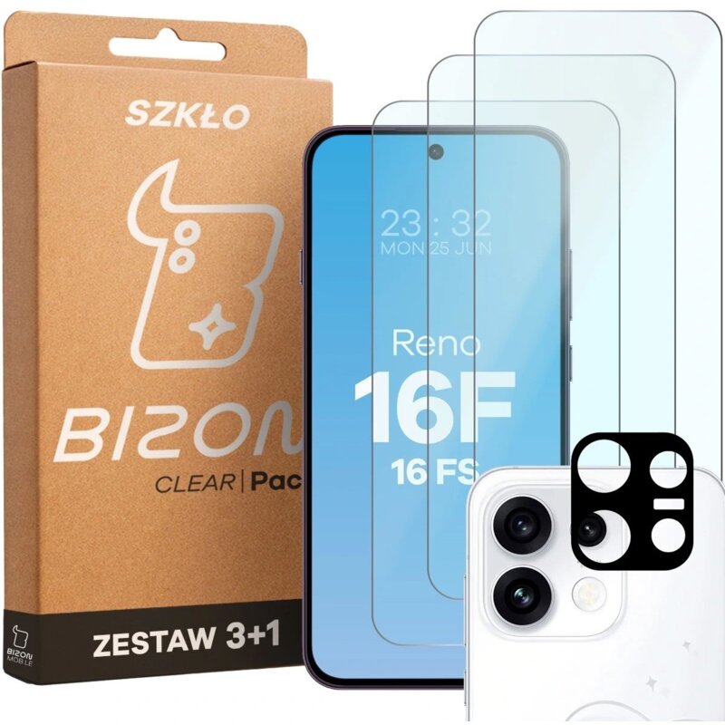 Szkło hartowane BIZON Glass Clear Pack do Oppo Reno 16F/16FS 5G (3 szt.) + Nakładka na obiektyw