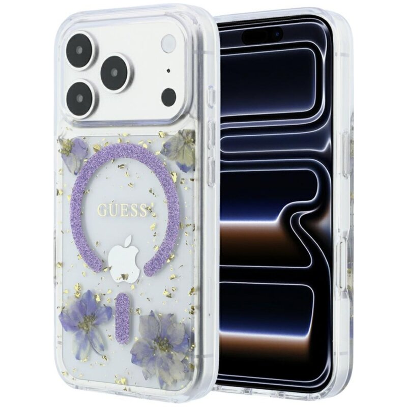 Etui GUESS Resin Flowers Glitter MagSafe do Apple iPhone 17 Pro Max/18 Pro Max Przezroczysto-fioletowy