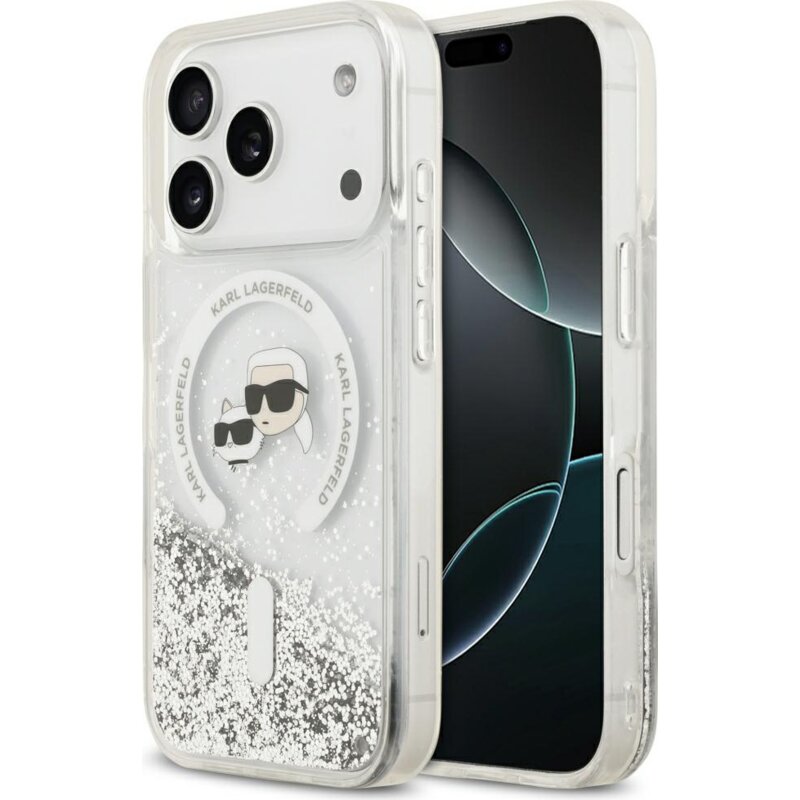 Etui KARL LAGERFELD Liquid Glitter Karl&Choupette Heads MagSafe do Apple iPhone 17 Pro/18 Pro Przezroczysty