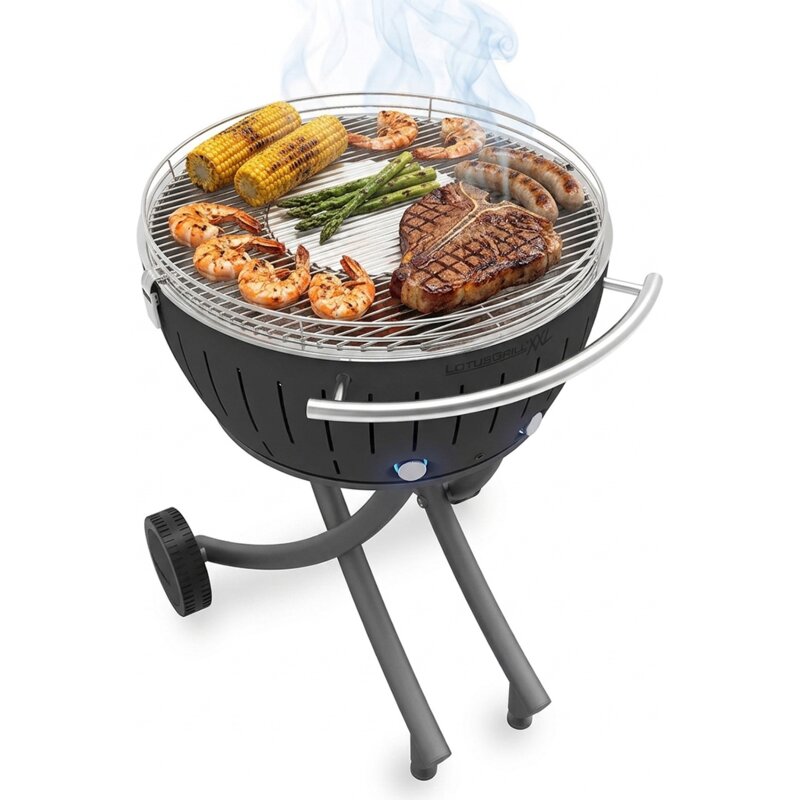Grill ogrodowy węglowy LOTUSGRILL XXL G-AN-600 Okrągły, bezdymny, termiczna obudowa, kółka, Szary