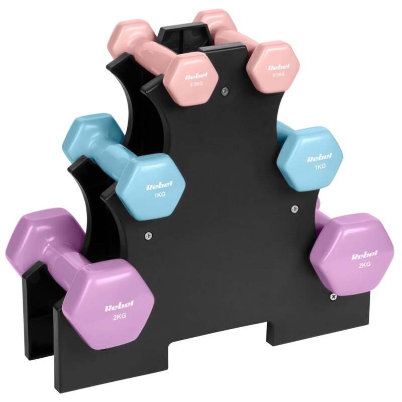 Zestaw hantli REBEL ACTIVE RBA-2340-ST1 ( 2 x 0.5 / 2 x 1 / 2 x 2 kg) + stojak