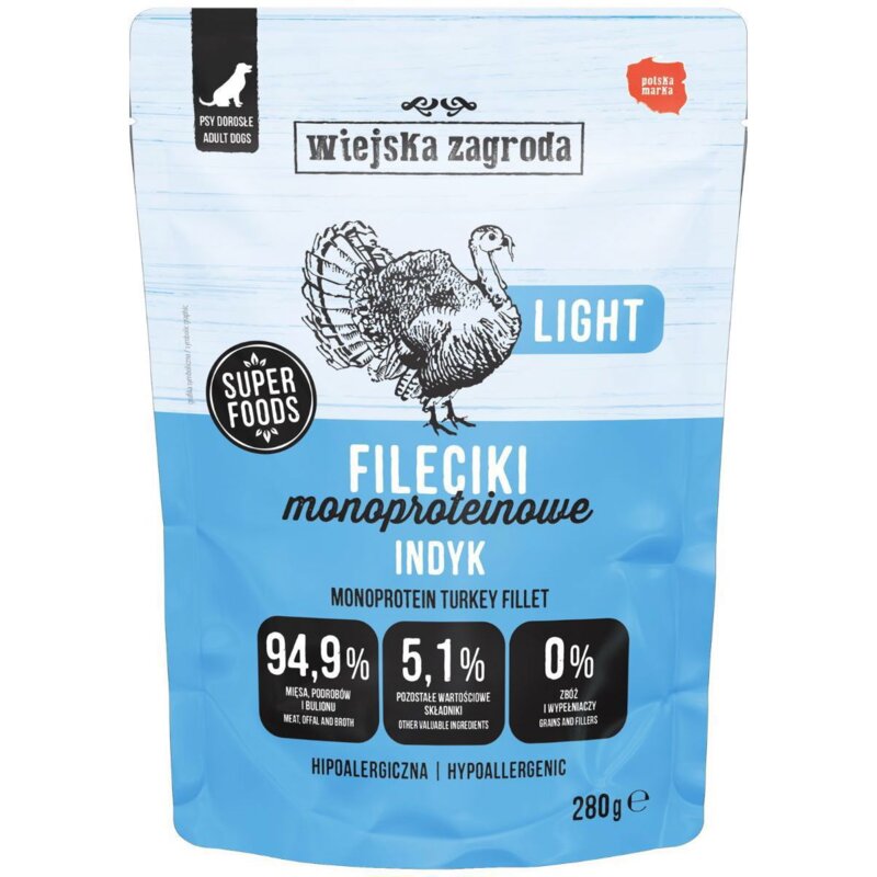 WIEJSKA ZAGRODA Fileciki Mono Indyk Light - mokra karma dla psa - 280g