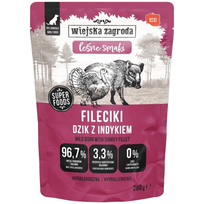 WIEJSKA ZAGRODA Leśne smaki Fileciki Dzik z indykiem - mokra karma dla psa - 280g