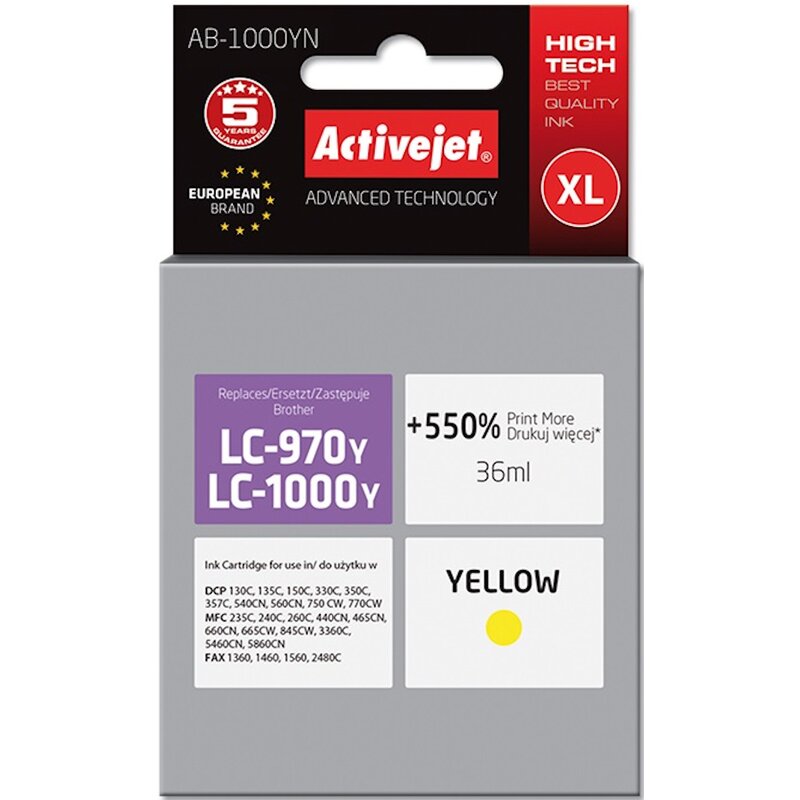 Activejet AB-1000YN Tusz Do drukarki Brother, Zamiennik Brother LC1000Y/970Y;  Supreme;  35 ml;  żółty. Drukuje więcej o 550%.