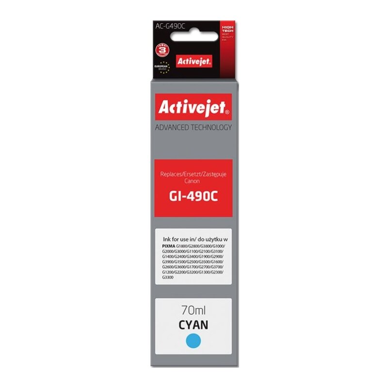 Activejet AC-G490C Tusz do drukarki Canon, Zamiennik Canon GI-490C; Supreme; 70 ml; 7000 stron, błękitny.