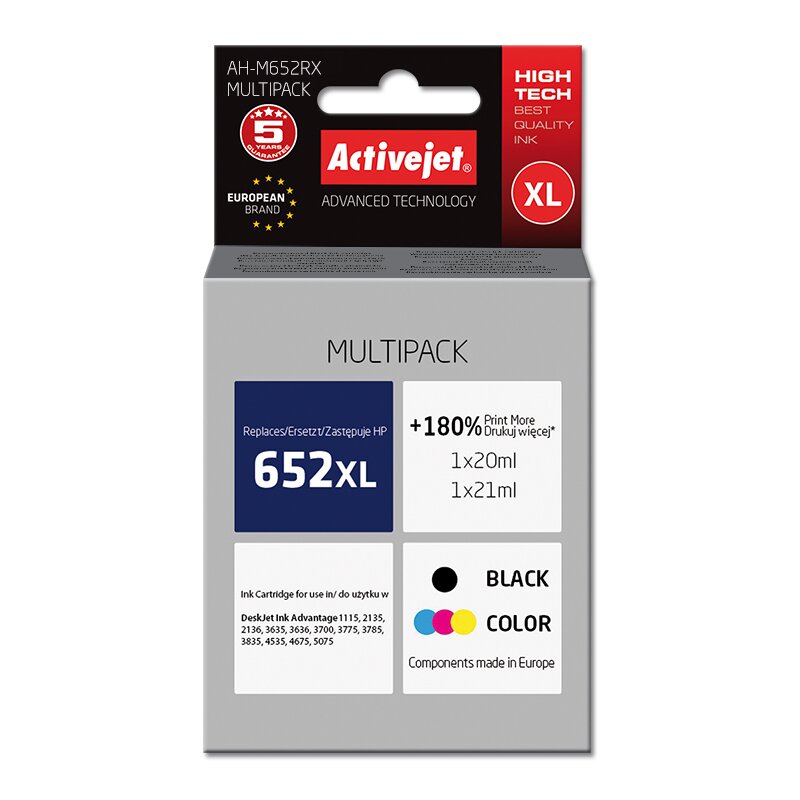 Activejet AH-M652RX Tusz do drukarki HP, Zamiennik HP 652 F6V25AE/F6V24AE; Premium; 1 x 20 ml, 1 x 21 ml; 1580 stron, czarny, kolor. Drukuje więcej o 180%.