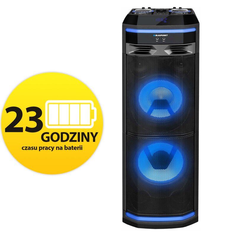 Power Audio BLAUPUNKT PS11DB, 1200W, Bluetooth, Bateria 23 godziny, Dwa bezprzewodowe mikrofony w zestawie, Tuner FM