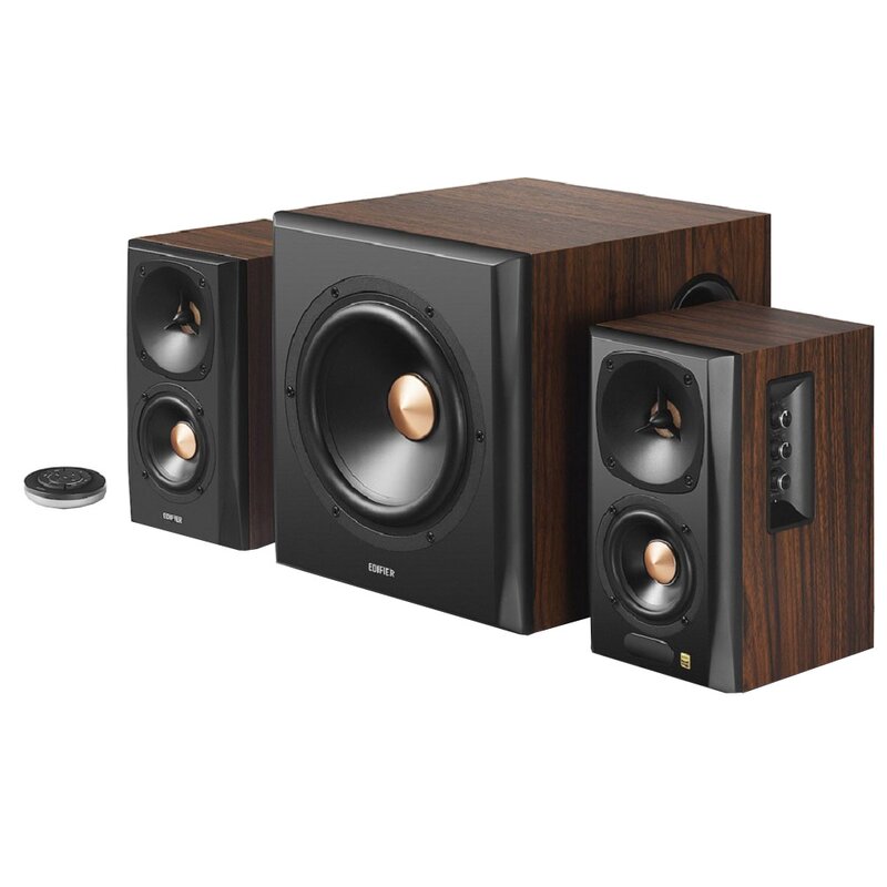 Zestaw aktywnych, podstawkowych kolumn głośnikowych z subwooferem EDIFIER S360DB Brązowy (2+1), Bluetooth aptX, Obudowa MDF