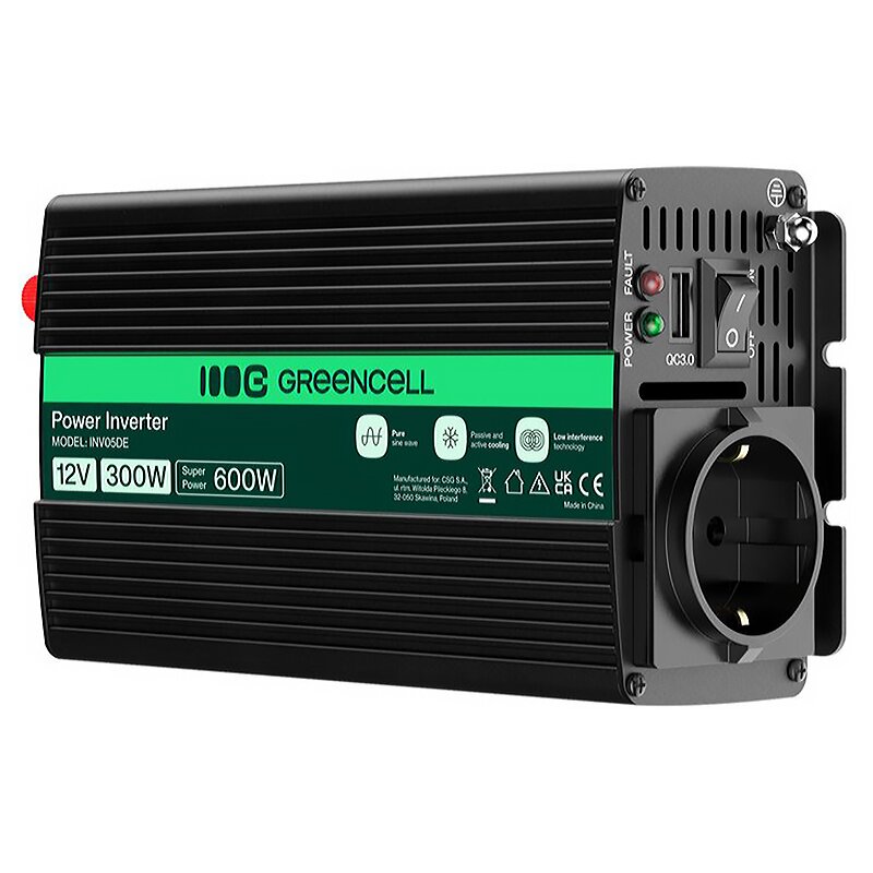 Przetwornica GREENCELL 12V na 230V 300W/600W Czysta sinusoida