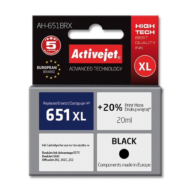 Activejet AH-651BRX Tusz do drukarki HP, Zamiennik HP 651 C2P10AE; Premium; 20 ml; czarny. Drukuje więcej o 20%.