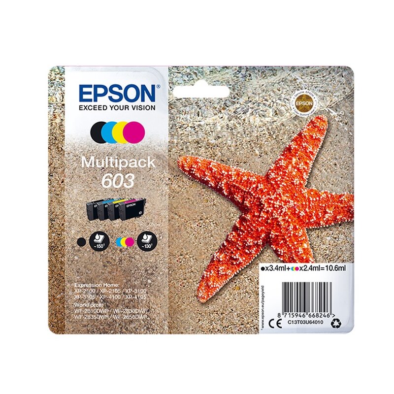 Zestaw tuszów EPSON 603 Czarny 3.4 ml, Błękitny 2.4 ml, Purpurowy 2.4 ml, Żółty 2.4 ml C13T03U64010