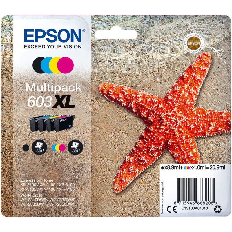 Zestaw tuszów EPSON 603XL Czarny 8.9 ml, Błękitny 4 ml, Purpurowy 4 ml, Żółty 4 ml C13T03A64010