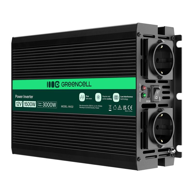 Przetwornica GREENCELL 12V na 230V 1500W/3000W Czysta sinusoida
