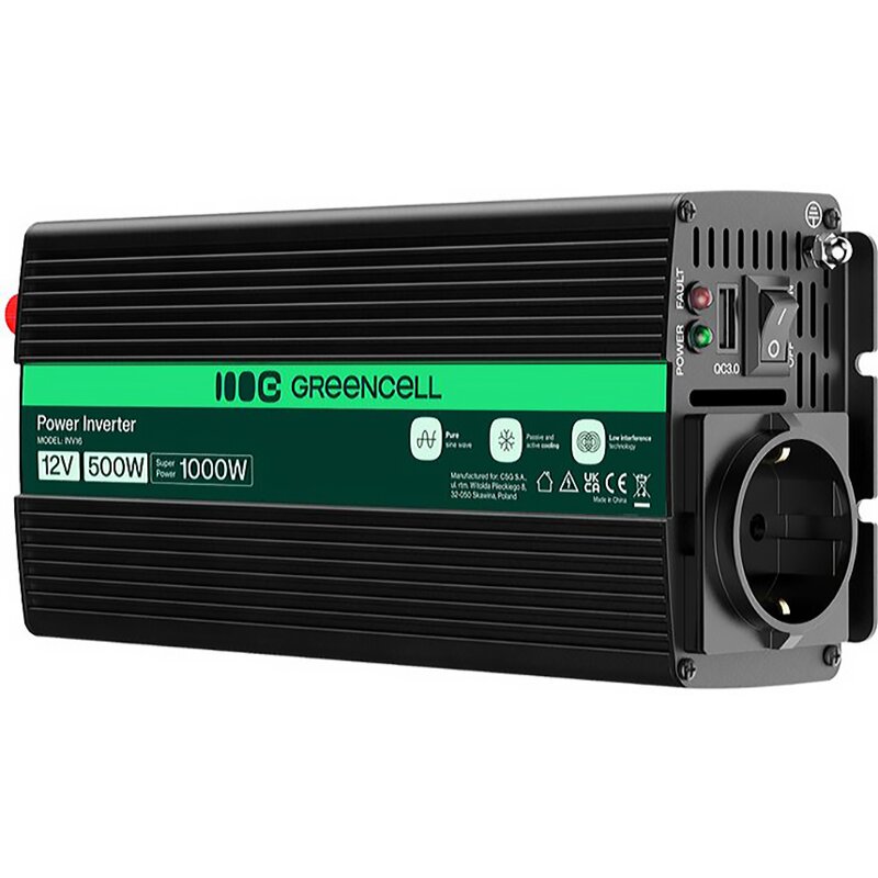 Green Cell INV16 12V na 230V 500W/1000W Czysta sinusoida