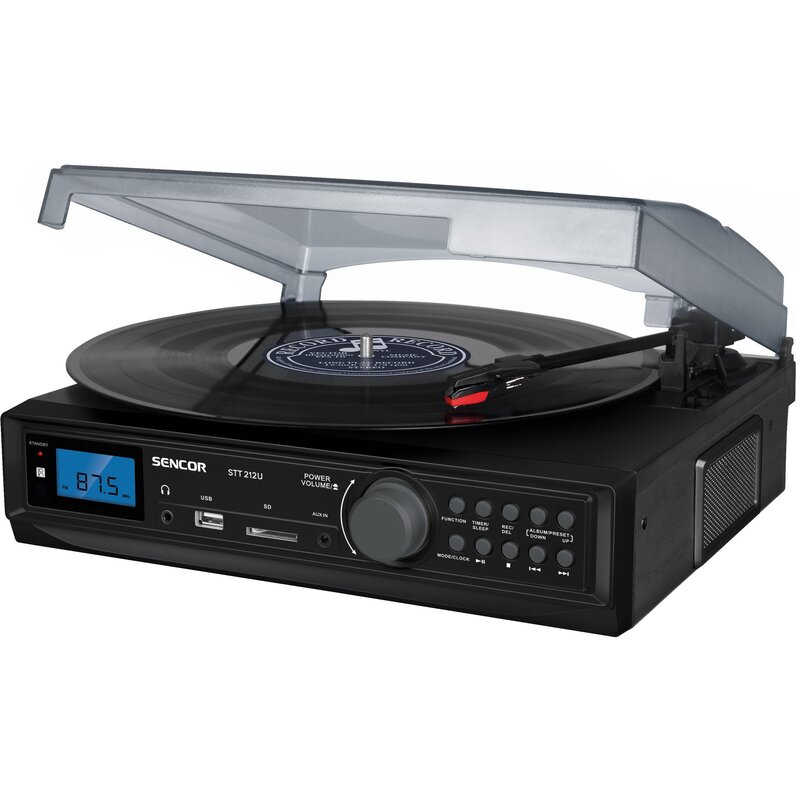 Gramofon SENCOR STT 212U Czarny, Automatyczny, Napęd paskowy, BT, Wbudowane głośniki, Prędkość odtw. 33 1/3,45,78 obr./min