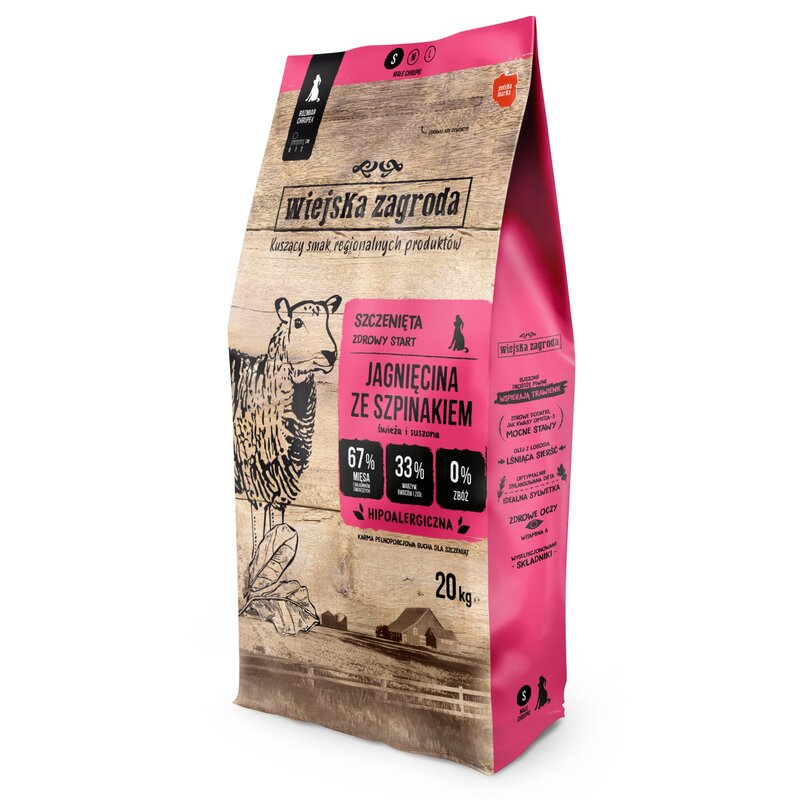 Karma dla psa WIEJSKA ZAGRODA Junior Jagnięcina ze szpinakiem S 20 kg