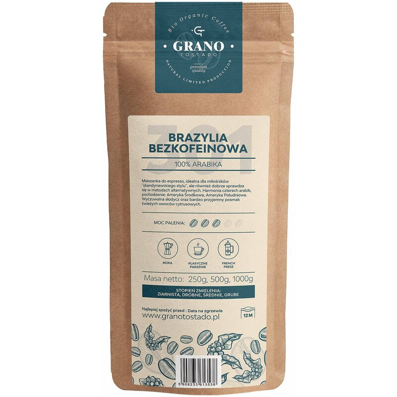 Kawa mielona GRANO TOSTADO Brazylia Bezkofeinowa Arabica 0.5 kg
